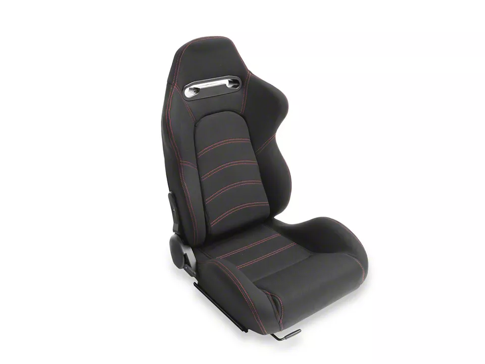 Woven Fabric Racing Bucket Seats with Seat Sliders; Black with Red Stitching